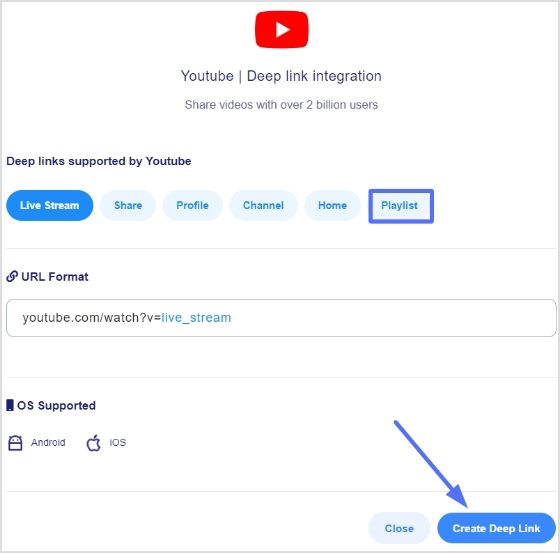 click playlist and create deep link